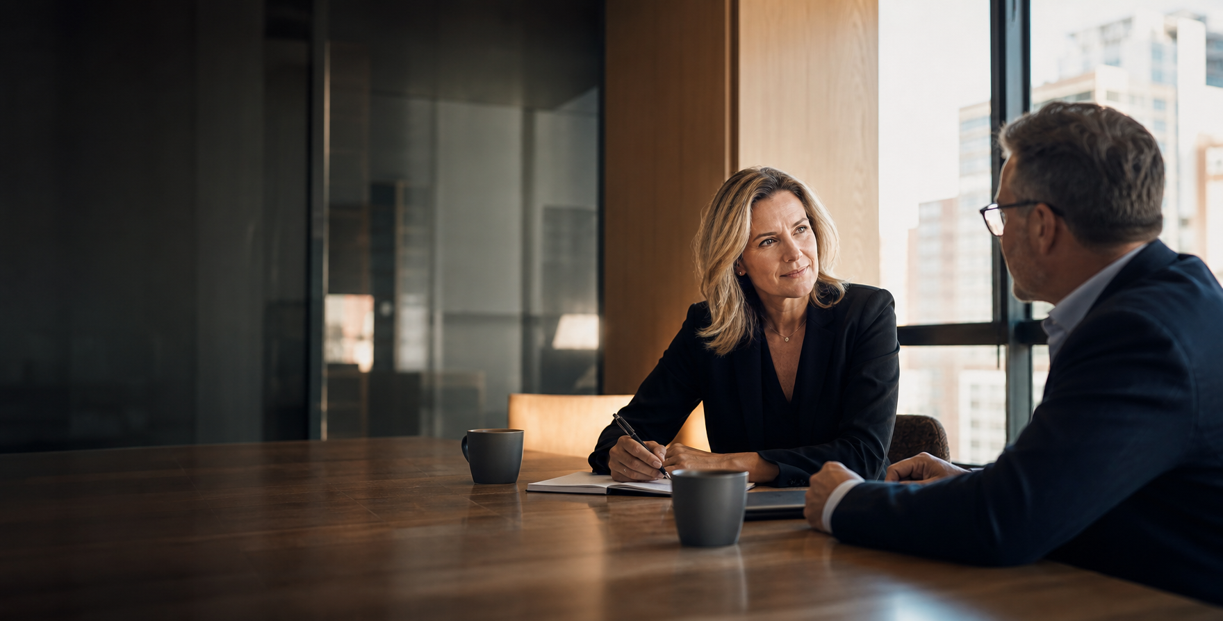 Executive coach in a thoughtful conversation with a senior leader